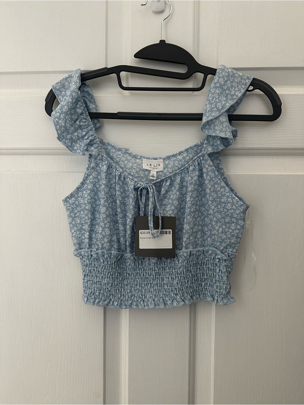 Le Lis Light Blue Floral Ruffle Tie Crop Top